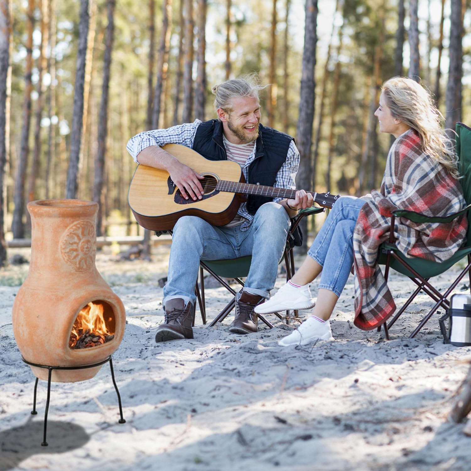 Vintiquewise Beige Outdoor Clay chiminea Outdoor Fireplace Sun Design Charcoal Burning Fire Pit with Sturdy Metal Stand, Barbecue, Cocktail Party, Family Gathering, Cozy Nights Fire Pit