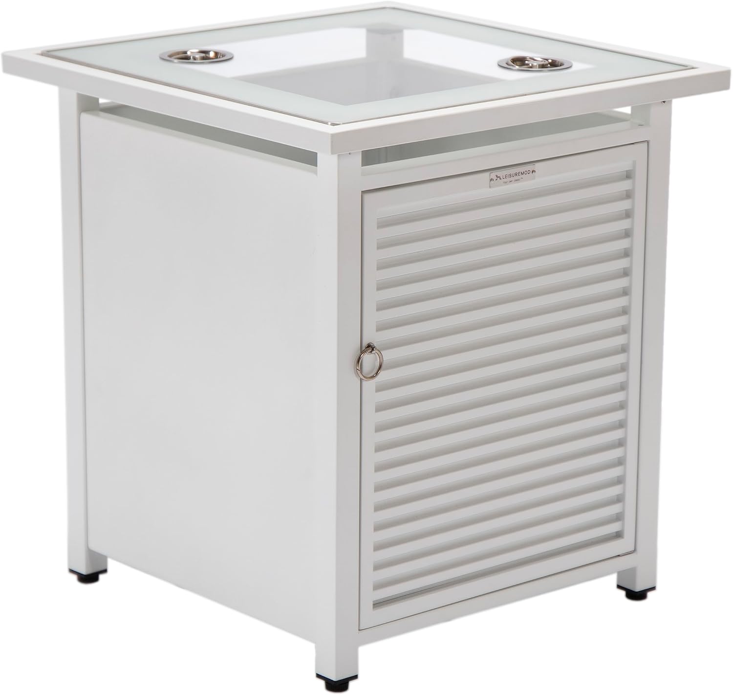 LeisureMod Walbrooke Modern Square Fire Pit Table and Tank Holder with Powder Coated Aluminum Slats Design for Patio and Backyard Garden, White