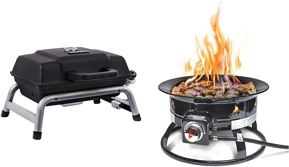 Char-Broil Portable 240 Liquid Propane Gas Grill & Outland Living Firebowl 893 Deluxe Outdoor Portable Propane Gas Fire Pit with Cover & Carry Kit, 19-Inch Diameter 58,000 BTU, Black