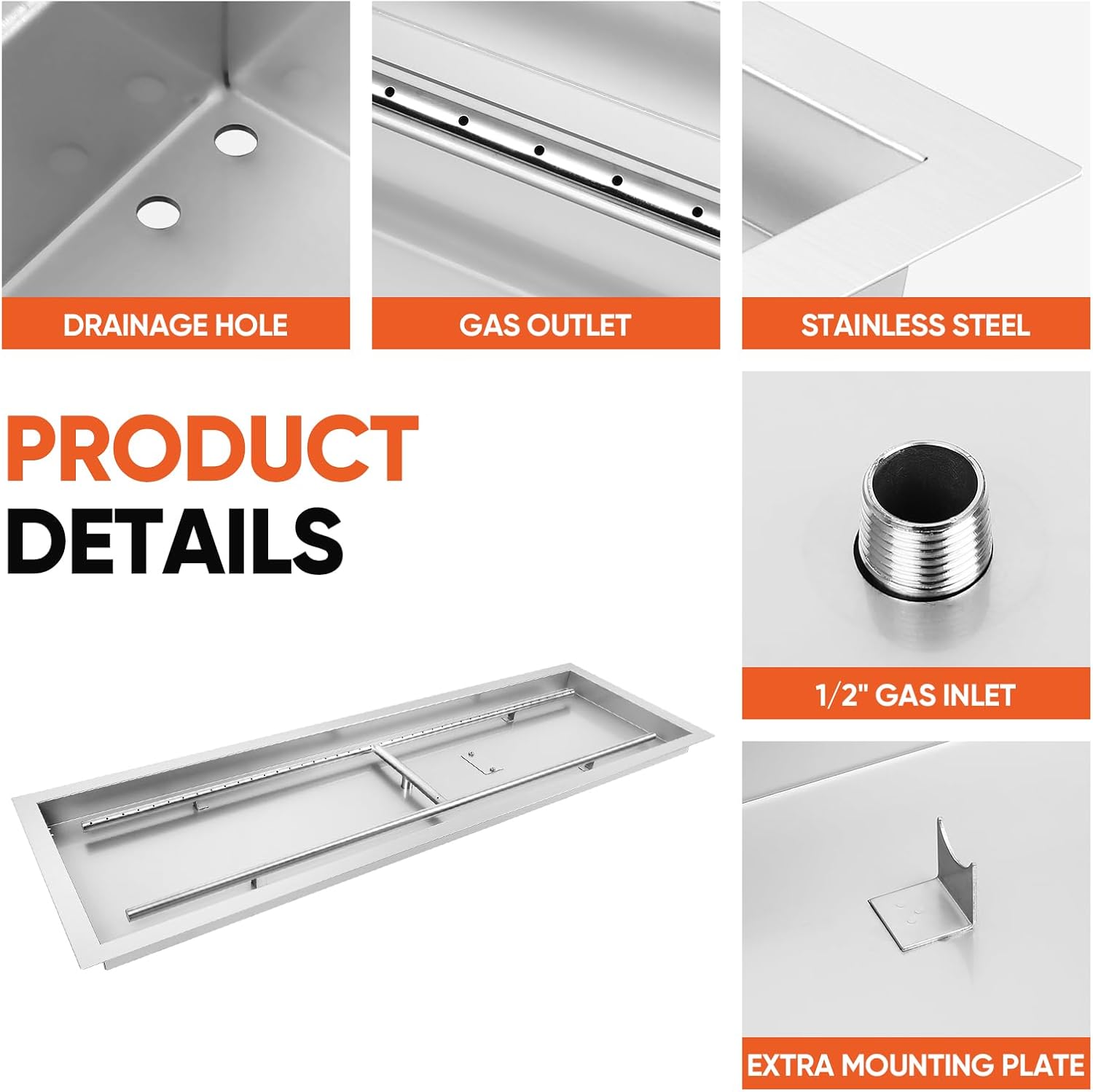 Dollate Drop-in Fire Pit Kit 48 x 14 Inch, Rectangular Fire Pit Insert H Burner with Spark Ignition and Propane Hose Kit, Fire Pit Pan for Indoor or Outdoor Decorative Fireplace