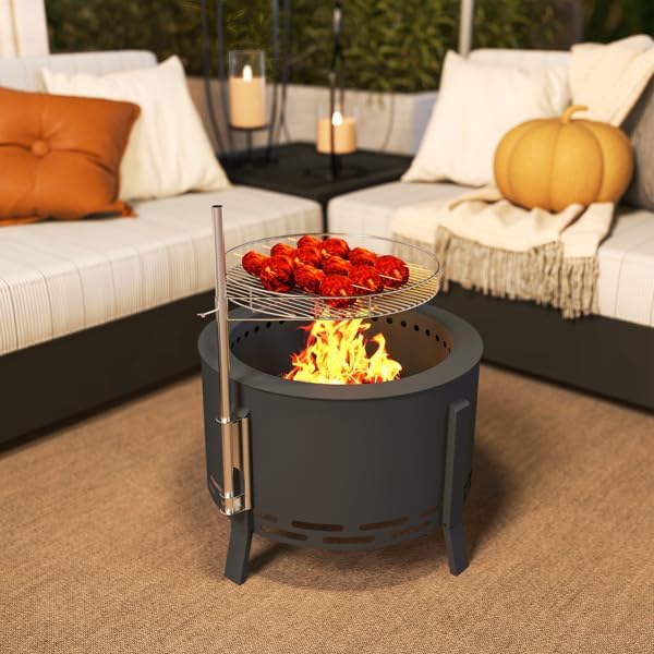 2-in-1 Fire Pit Table with Grill Grate, Outdoor Steel Fire Pit BBQ Combo with Poker & Ash Catcher, Black Firepit for Patio Backyard Camping