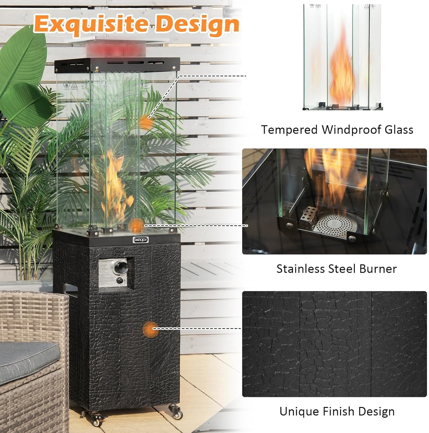 Tangkula 41,000 BTU Propane Patio Heater with Waterproof Cover, Outdoor Heater with Lockable Wheels, Adjustable Feet, Tempered Glass Tube, Suitable for Garden Porch Patio Deck (Black)