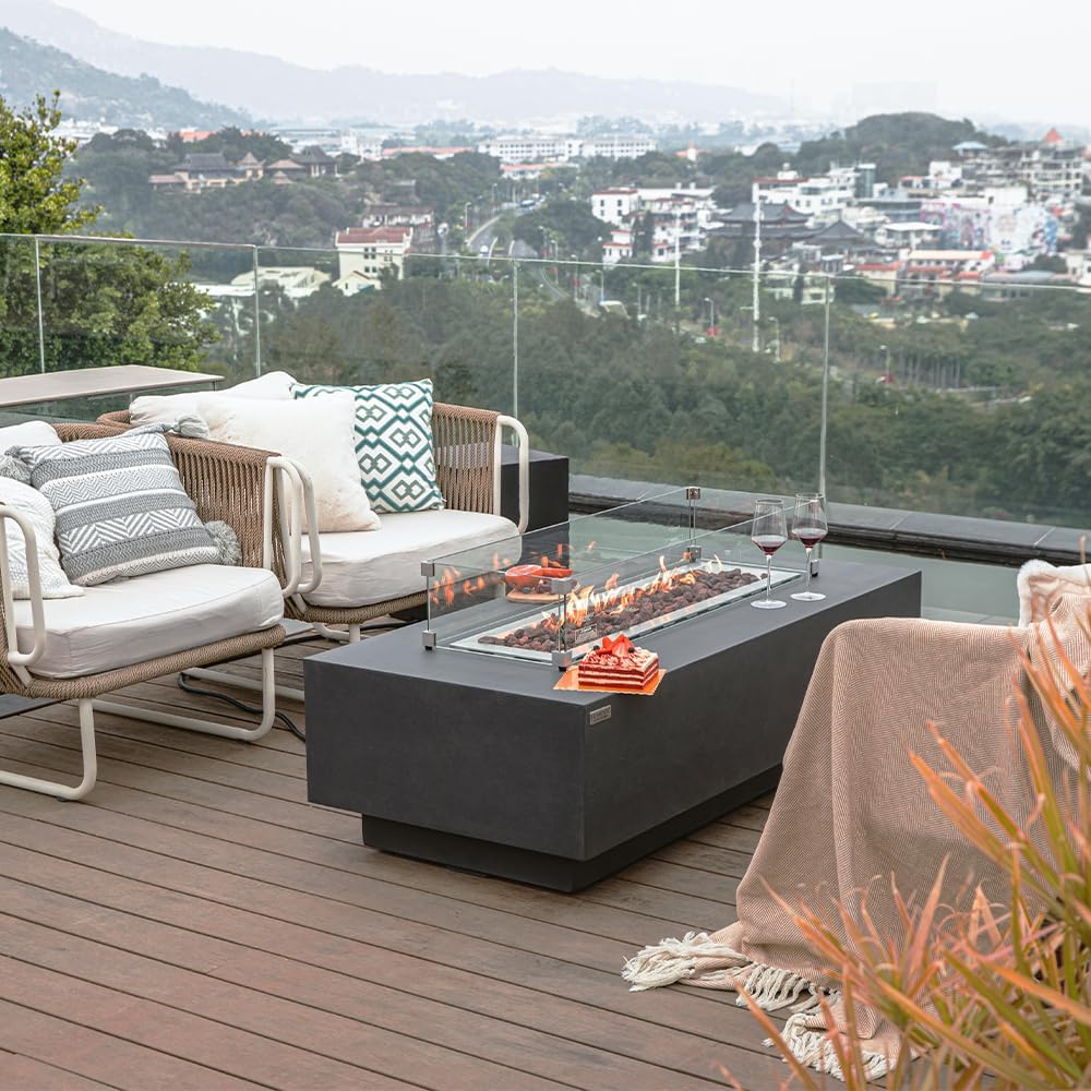 Elementi Granville Dark Grey Fire Pit Bundle Includes 60” Propane Concrete Firepit Table, Glass Windscreen, Stainless Steel Cover, Tank&Canvas Cover, Floor Mat and Beverage Tub