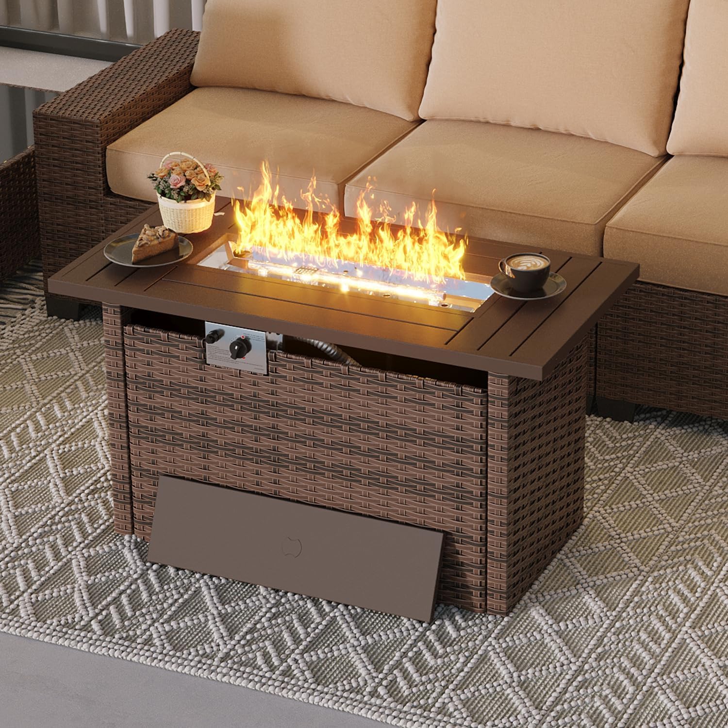 Aoxun Outdoor Patio Furniture with Fire Pit Table, 50,000 BTU Wicker Gas Fire Pits with Lid, 44'' Propane Gas Firepit Table for Backyard, Poolside, Garden (Brown)