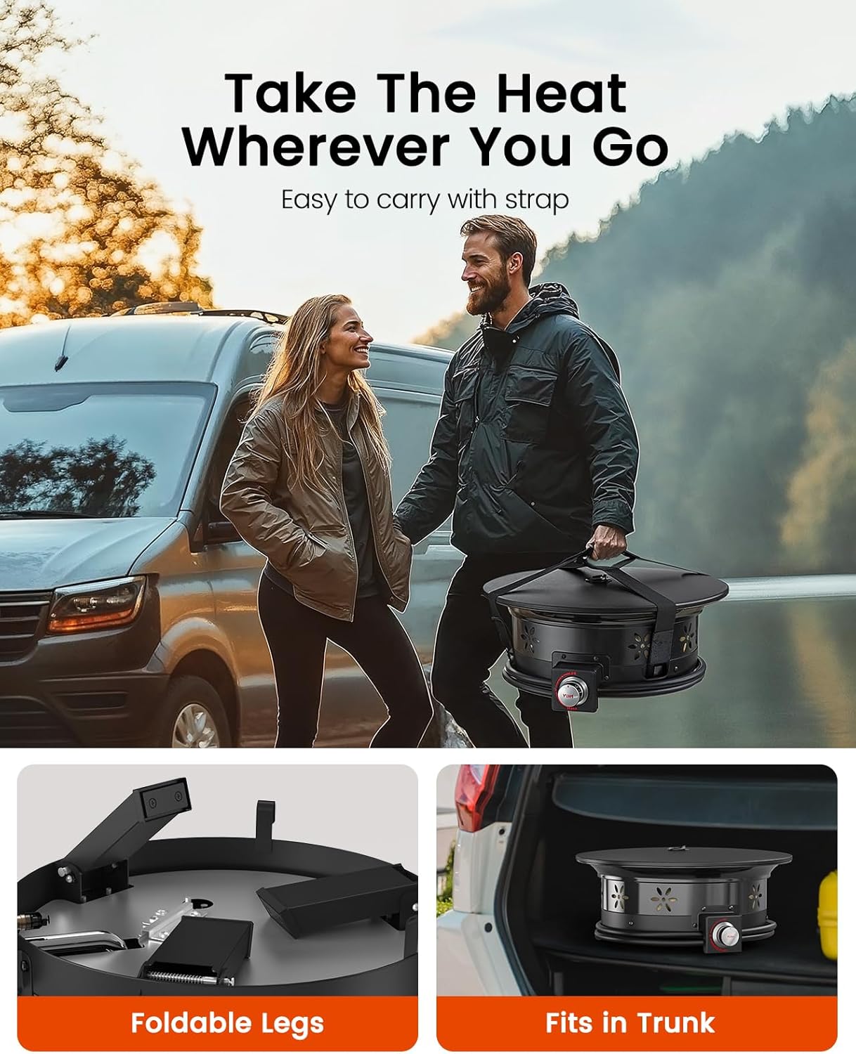 AMADA HOMEFURNISHING 19″ Propane Fire Pit with Grill Grate, 58,000 BTU, Folding Legs, Propane Tank Holder, Cover, and Carry Strap, No Ignition Needed, Easy Flame Adjustment, Portable