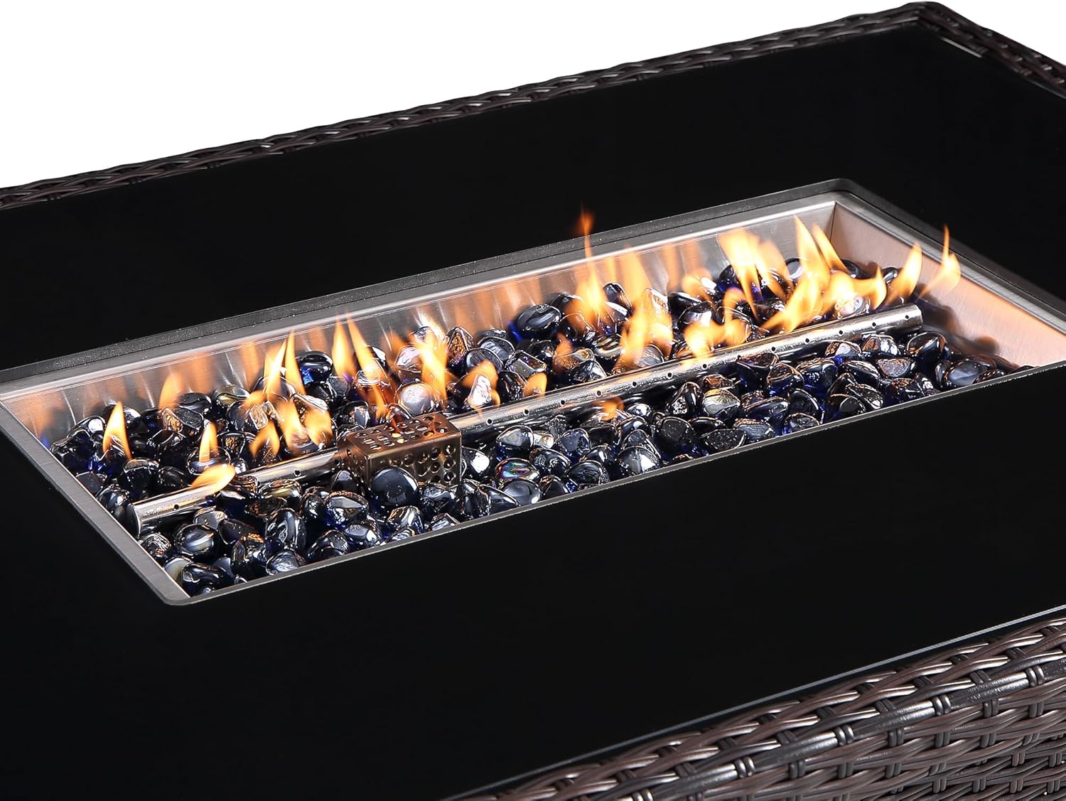 44 in. x 32 in. Rectangular Outdoor Brown Wicker Aluminum Propane Fire Pit Table in Tempered Glass w/Fire Glass, Add Warmth and Ambience to Gatherings and Parties On Patio Deck Garden