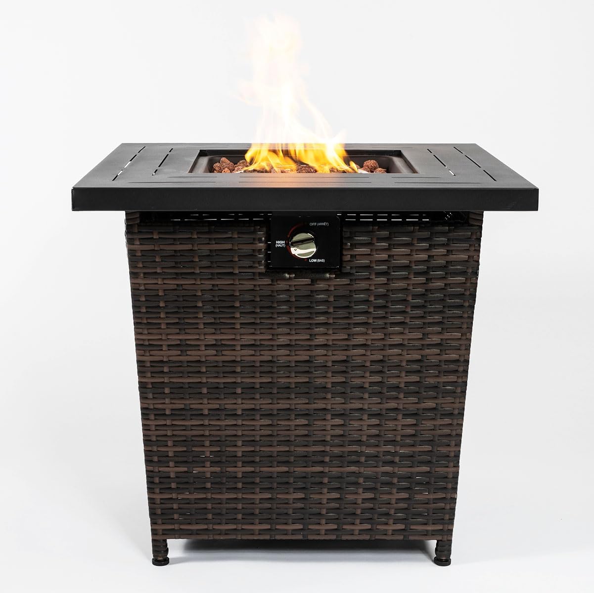 28'' Propane Fire Pit Table, 50,000 BTU Fire Table with Brown Wicker, Laval Rocks, Inclined Leg Design.