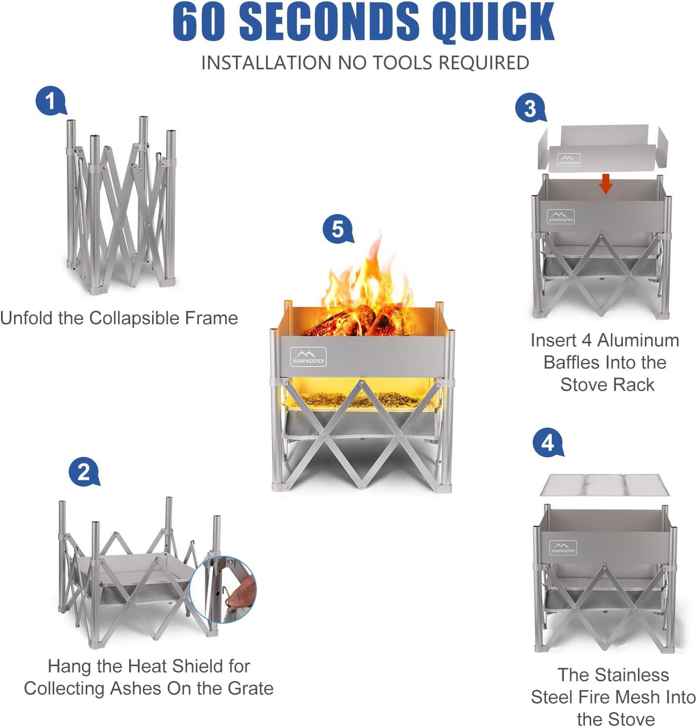 KAMPKEEPER Portable Fire Pit, Outdoor Tabletop Firepit 18 Inch, 304 Stainless Steel Wood Burning Fireplaces, Collapsible Pop Up Fire Pit for Outside, Included Heat Shield for Leave No Trace Fires