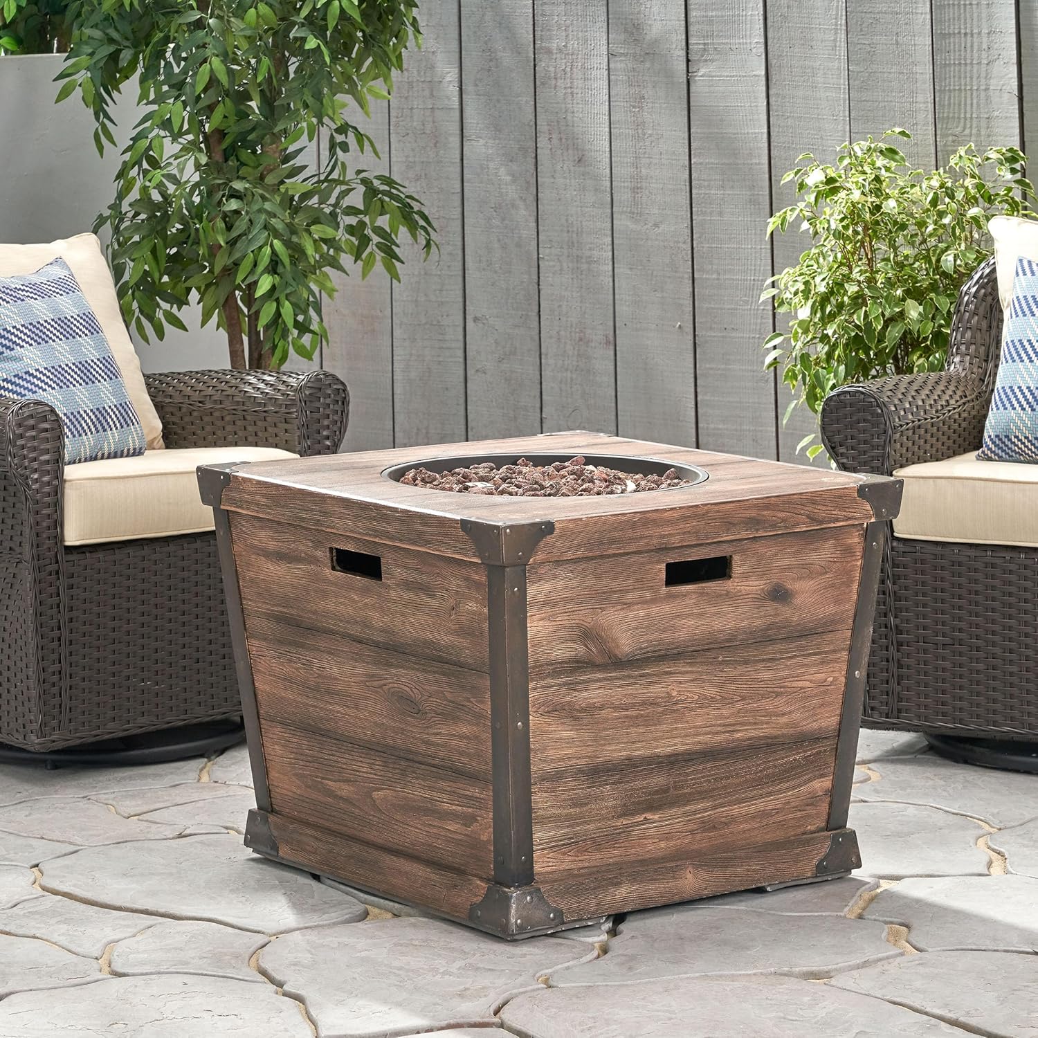 Outdoor Patio 24'' H x 32'' W Square Gas Burning Concrete Fire Pit Wood Pattern Brown 40,000 BTU (Tank Inside)