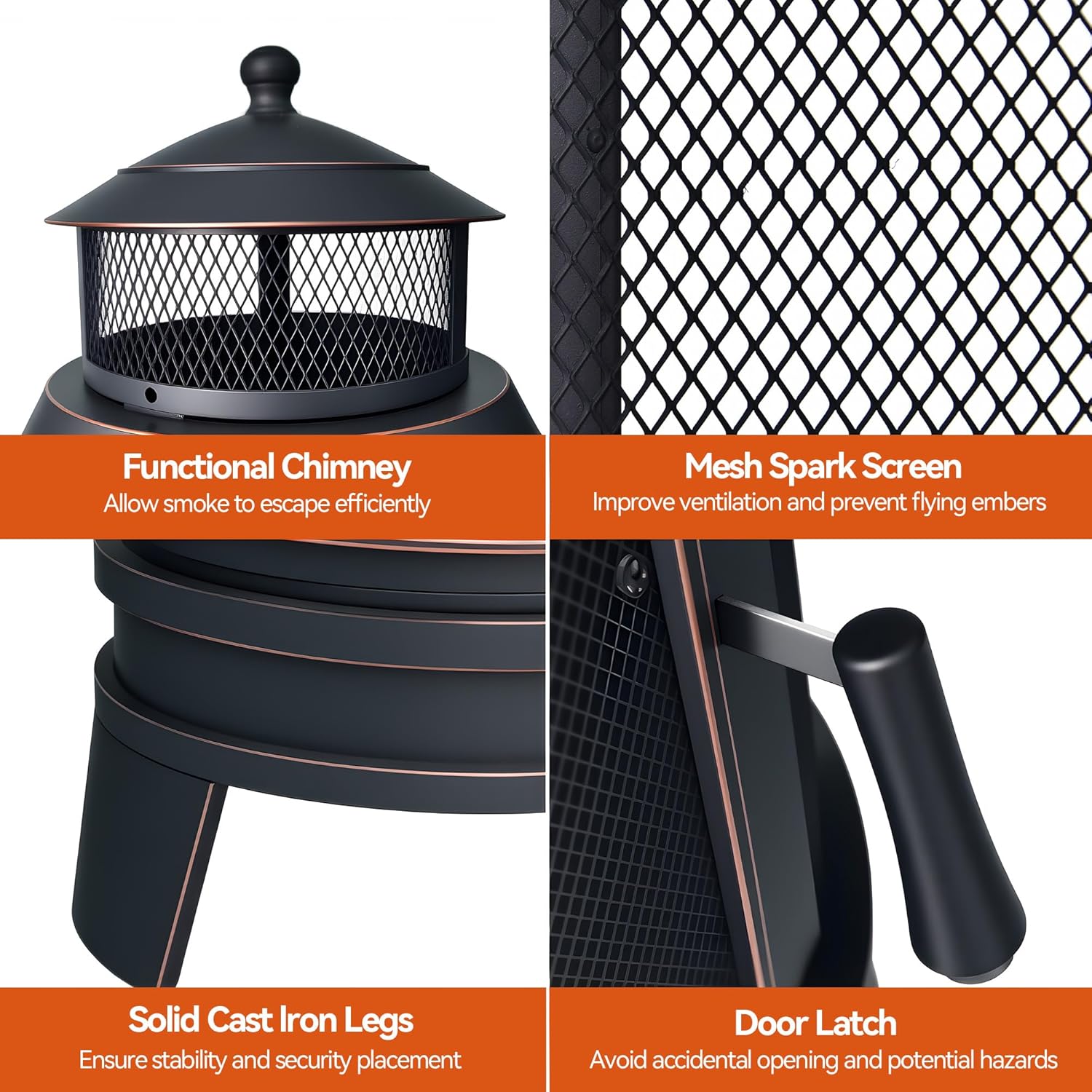 Metal Outdoor Fire Pit for Outside Wood Burning，24 Inch Chiminea Outdoor Fireplace with Adjustable Grill Tray, Spark Screen Door & Fire Poker, for Patio, Garden, Backyard