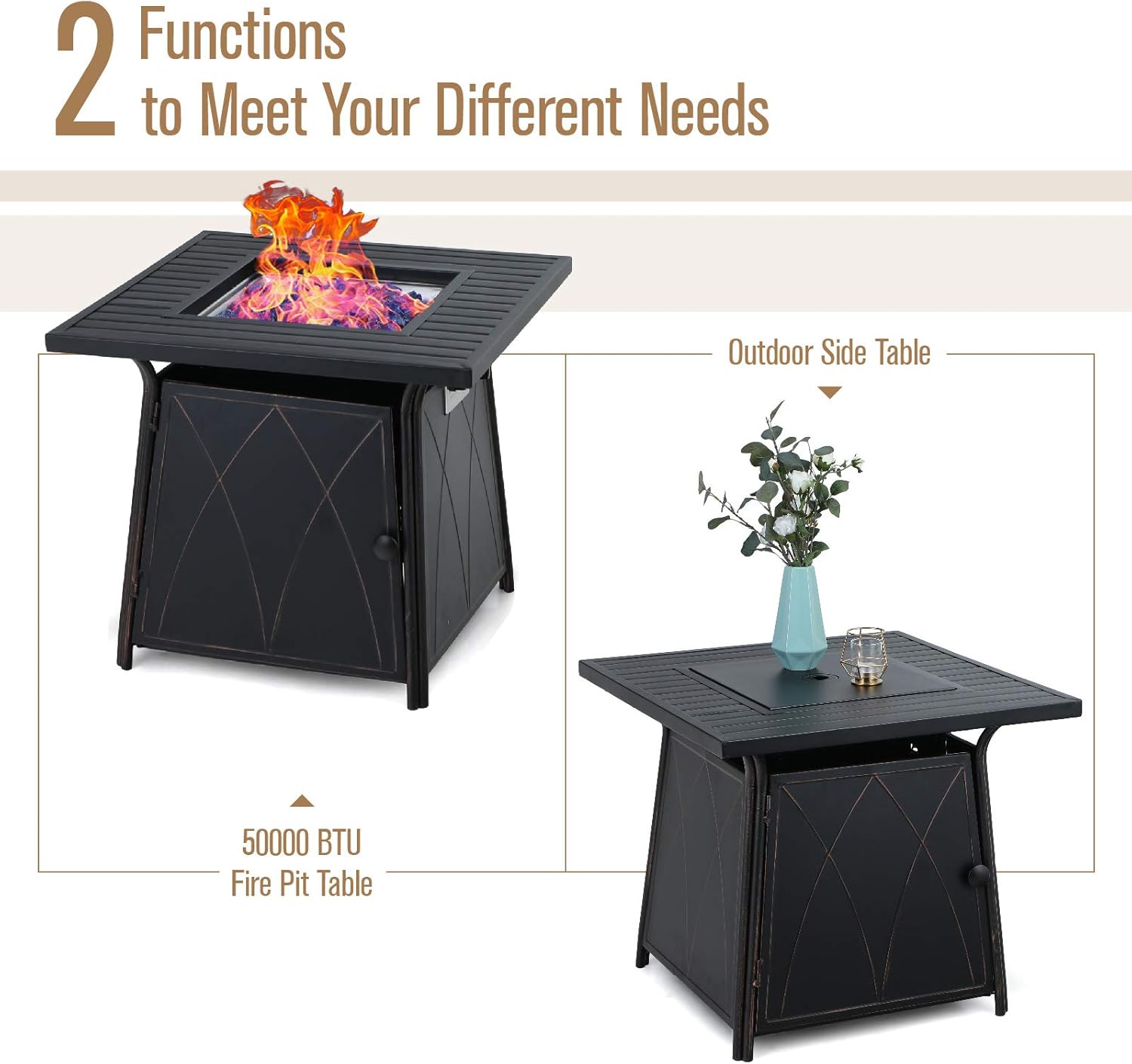 MFSTUDIO 5 Piece Outdoor Patio Conversation Furniture Fire Propane Pit Set，4 Textilene Quick Dry Foam Padded Swivel Chairs and 28 inch Steel Striped Square Fire Table for Patio, Porch, Backyard,Black