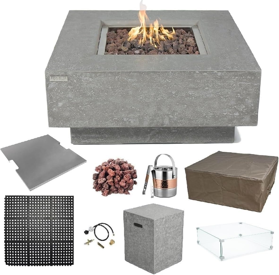 Elementi Manhattan Gas Fire Pit Bundle Concrete Fire Table, Outdoor Fire Pit Electronic Ignition | Canvas Cover, Lava Rock Included | Free AMS Wind Guard | Light Gray (Propane Gas)