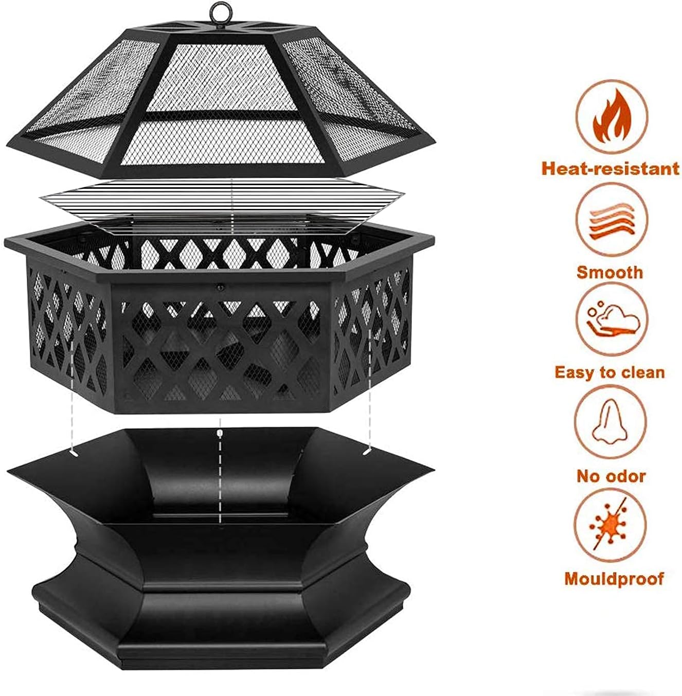 Iron Fire Pits with Poker for Garden,Hexagonal Shaped Metal Fire Pit Garden Stove with Spark Screen and Fireplace Cover for Outdoor Patio Backyard Camping Poolside