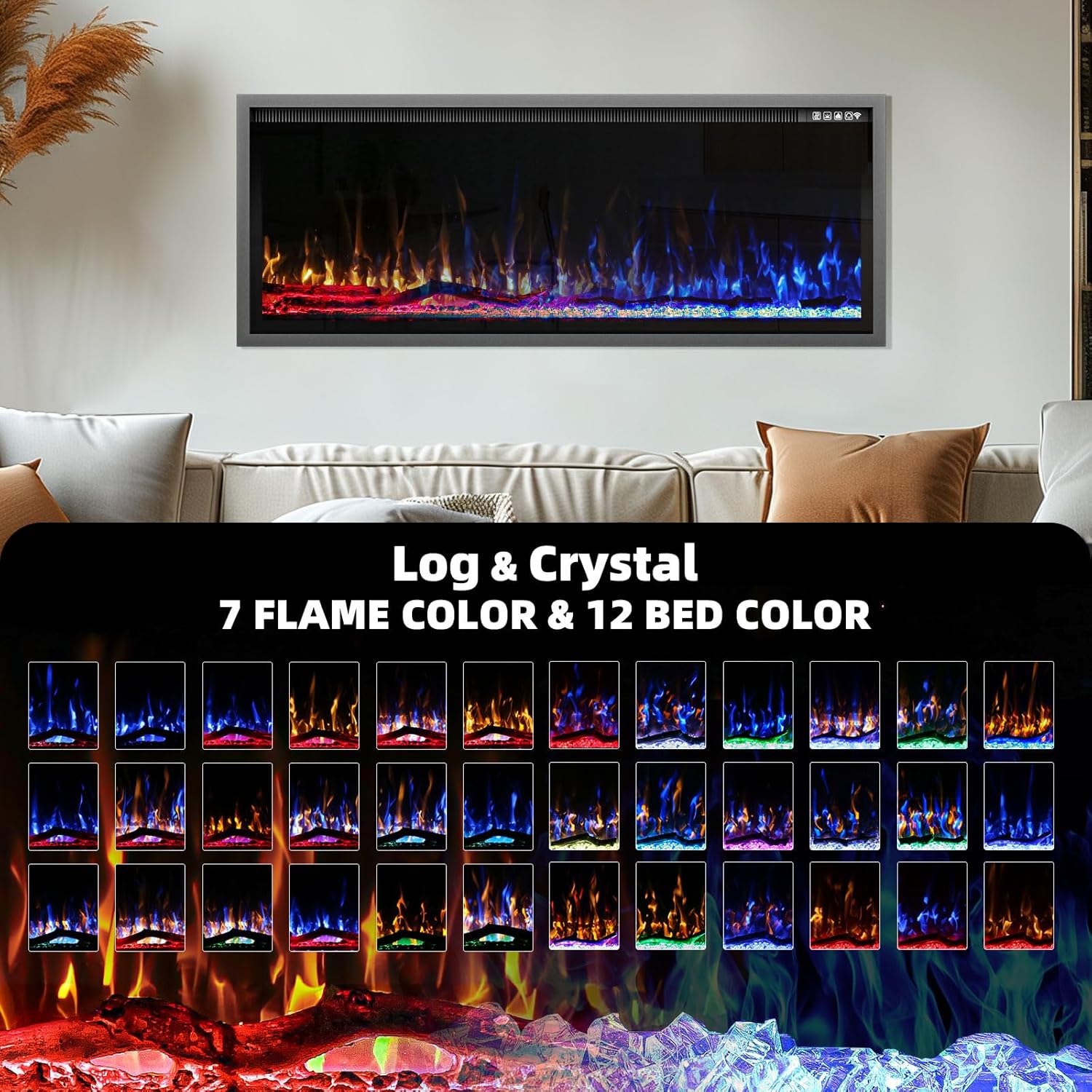 50 Inch Electric Fireplace Aluminum Frame-Ultra Silm Fireplace Recessed/Wall Mount, Log, Driftwood & Crystal Option, Wall Fireplace Electric w/Remote Control, Thermostat, Timer, 750w/1500w