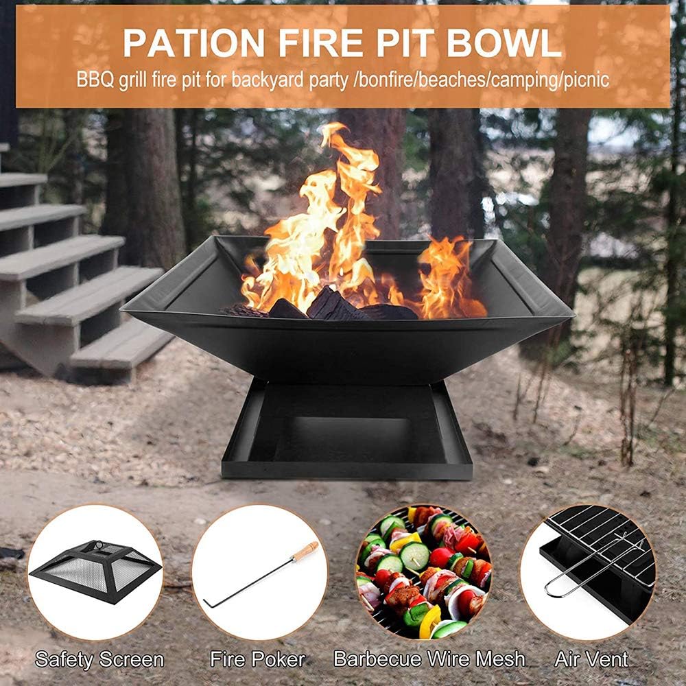 Fire Pit Portable Outdoor Fire Pits, Wood Burning Bonfire BBQ Firepit, with Spark Screen Fireplace Poker Firebowl