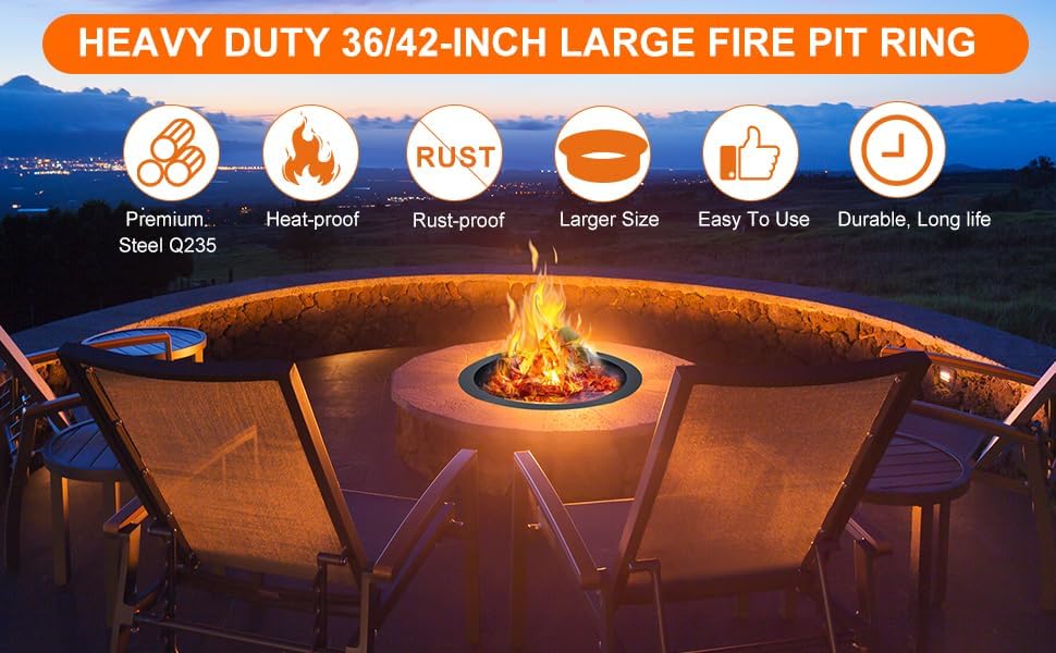 Outdoors Smokeless Fire Pit Ring Liner 30-Inch / 36 Inch Outer Diameter, Round Heavy Duty Firepits Ring with Grill for Outdoor Park, Backyard, Bonfire 2.5mm Thick Steel Black