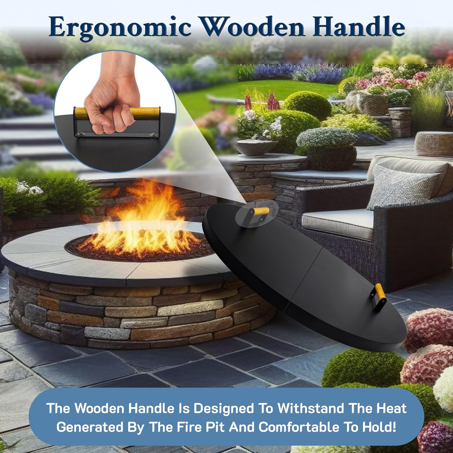 42” Round Fire Pit Lid – Heat Resistant Fire Pit Cover Lid Round for Outdoor Fireplace -16 Gauge Steel Flat Fire Pit Burner Pan Cover with Dual Wooden Handles Snuffer Lid for Patio Fire Pit Ring