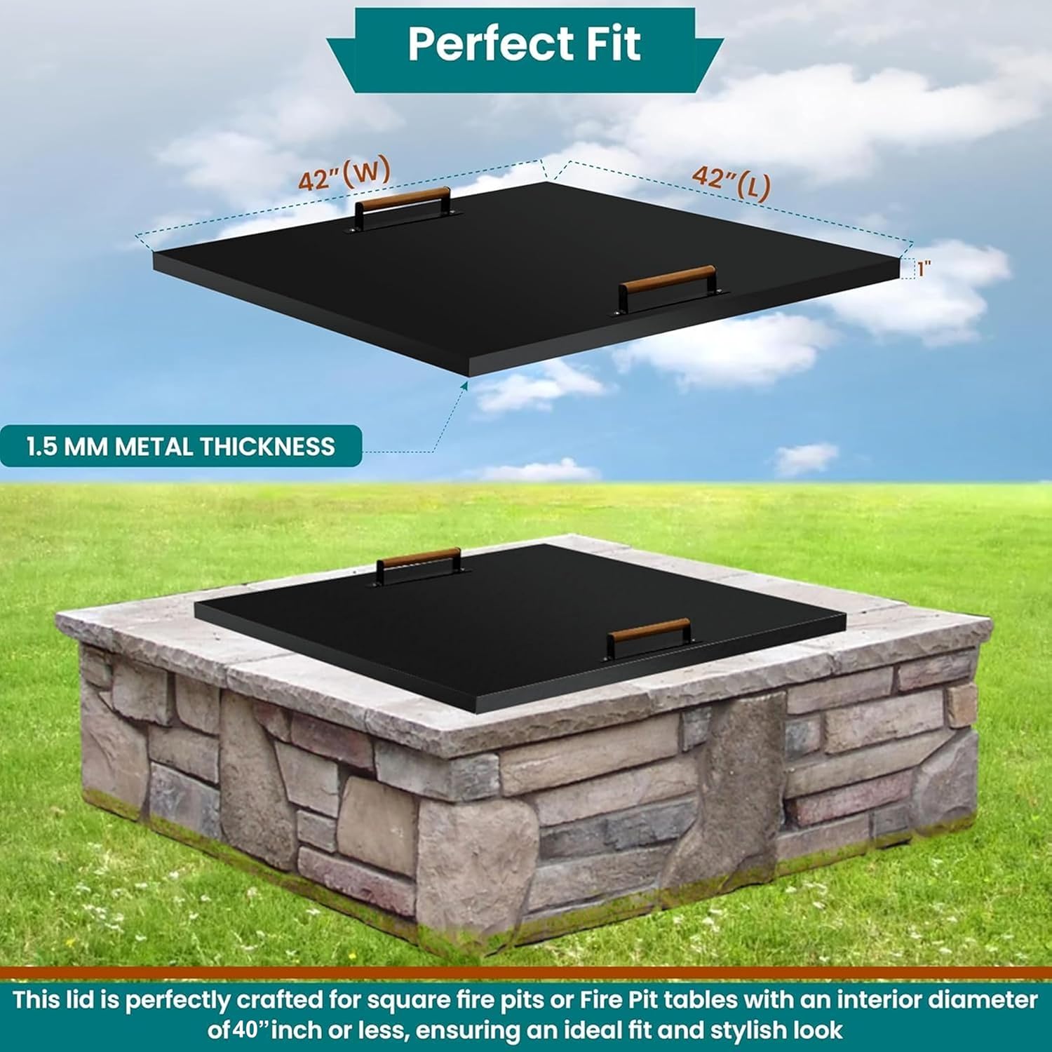 FEBTECH- fire Pit Insert Square lid - 42 x 42 Inch - Linear Drop-in Burner Pan - firePit lid - 1.5 mm Thick Fire Pit Lid for Square Firepit Insert…
