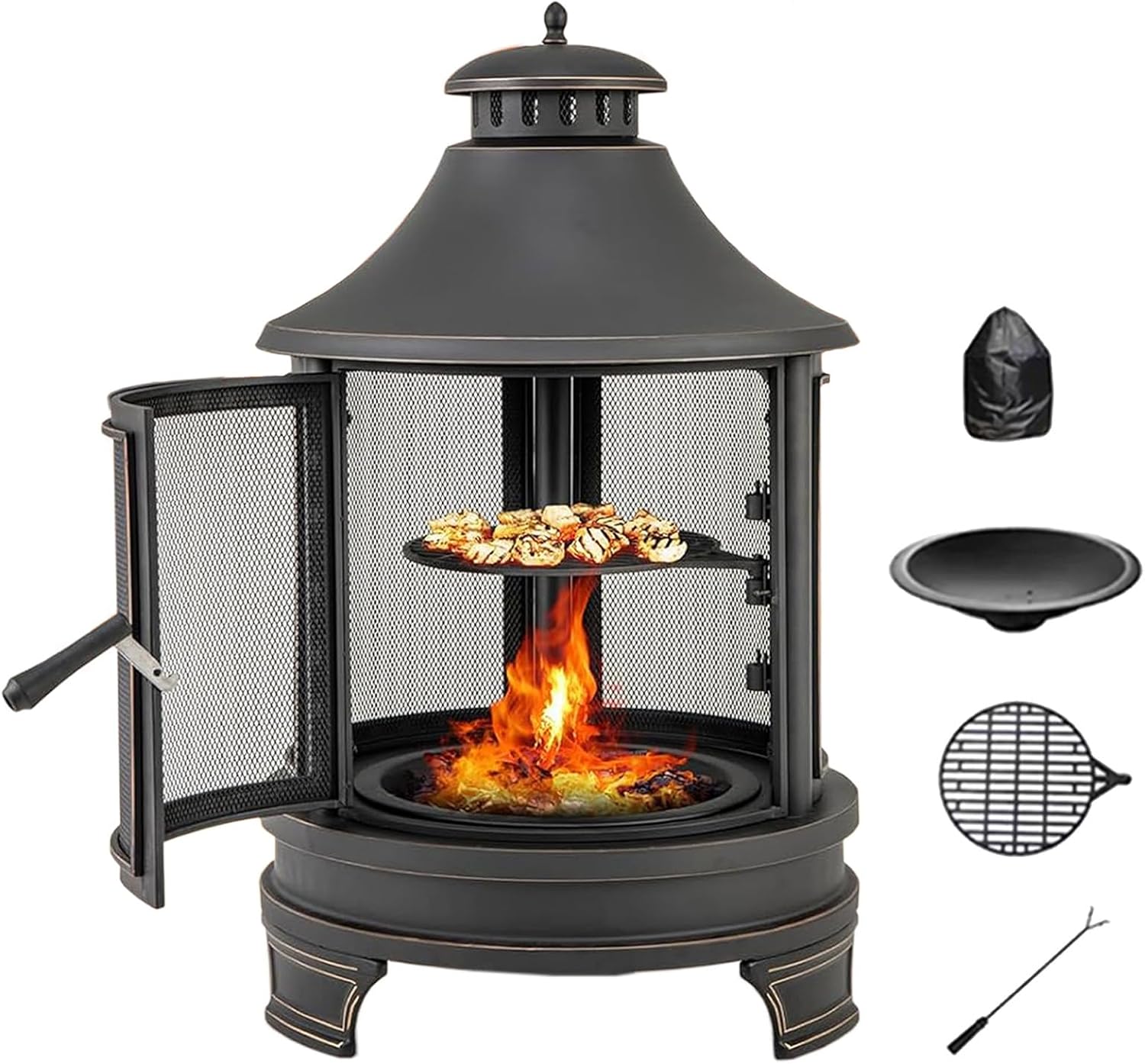 30in Fire Pit Outdoor Wood Burning Firepits Outdoor Fireplace with Cooking Grill Grate & Poker Fire Bowl, Patio Firepit for Garden, Backyard, BBQ
