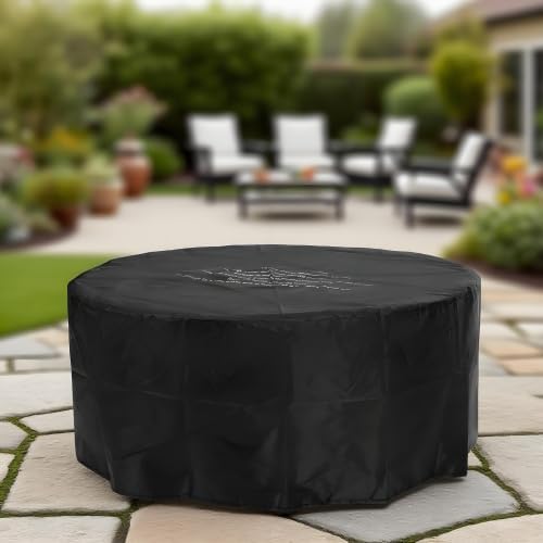 34-inch Round Propane fire Pit Table, 50,000BTU Outdoor firepit Table for Outside Patio w/Round Burner Lid, Glass Rocks, Cover
