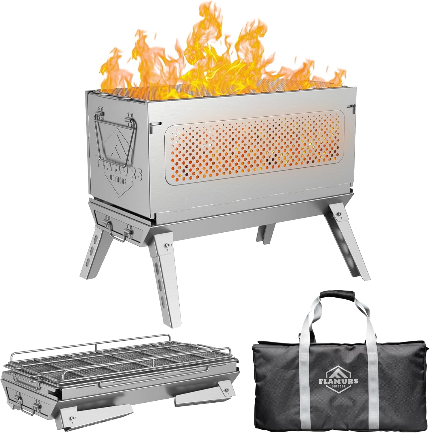 20-Inch Smokeless Fire Pits for Outdoor - Portable & Easy to Assemble - Stainless Steel FirePit with Grill, Removable Ash Pan & Carry Bag. Ideal for Camping Backyard, Patio Garden Picnic BBQ