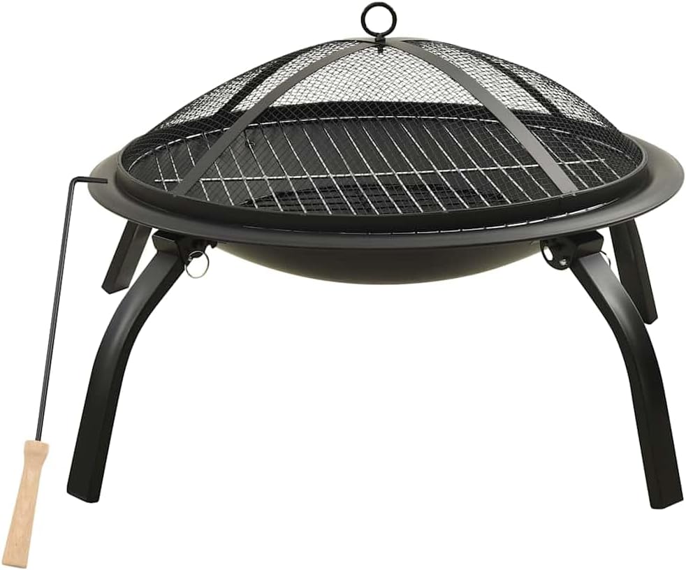 Outdoor 2-in-1 Fire Pit and BBQ Grill with Mesh Cover, Poker & Foldable Legs, 22 Inch Steel Patio Heater for Backyard, Camping, Garden, Bonfire and Cooking