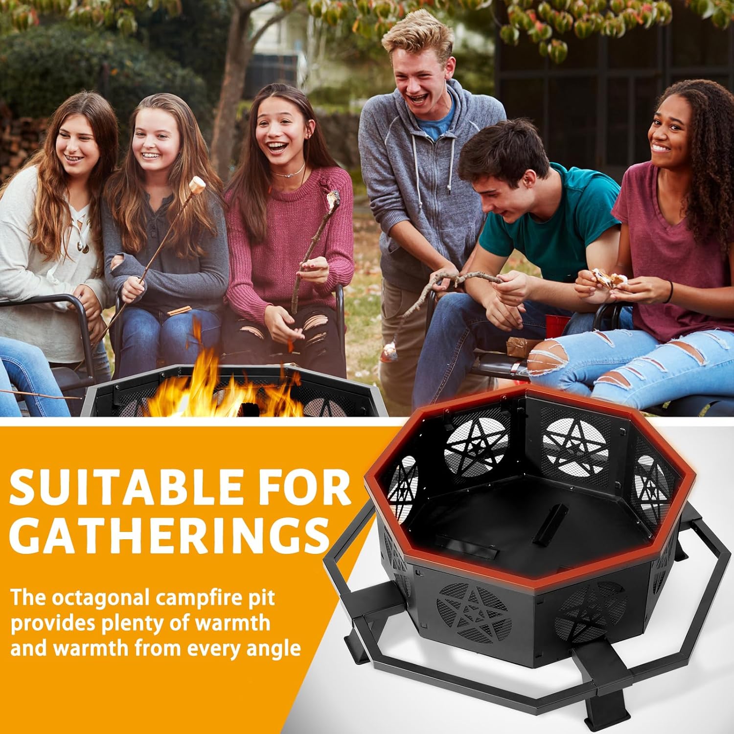 43-Inch Outdoor Fire Pit - Octagonal Steel Fire Pit Bowl with Star Cutouts, Ventilated Design, Foot Pedals & Easy Assembly for Patio, Yard & Garden