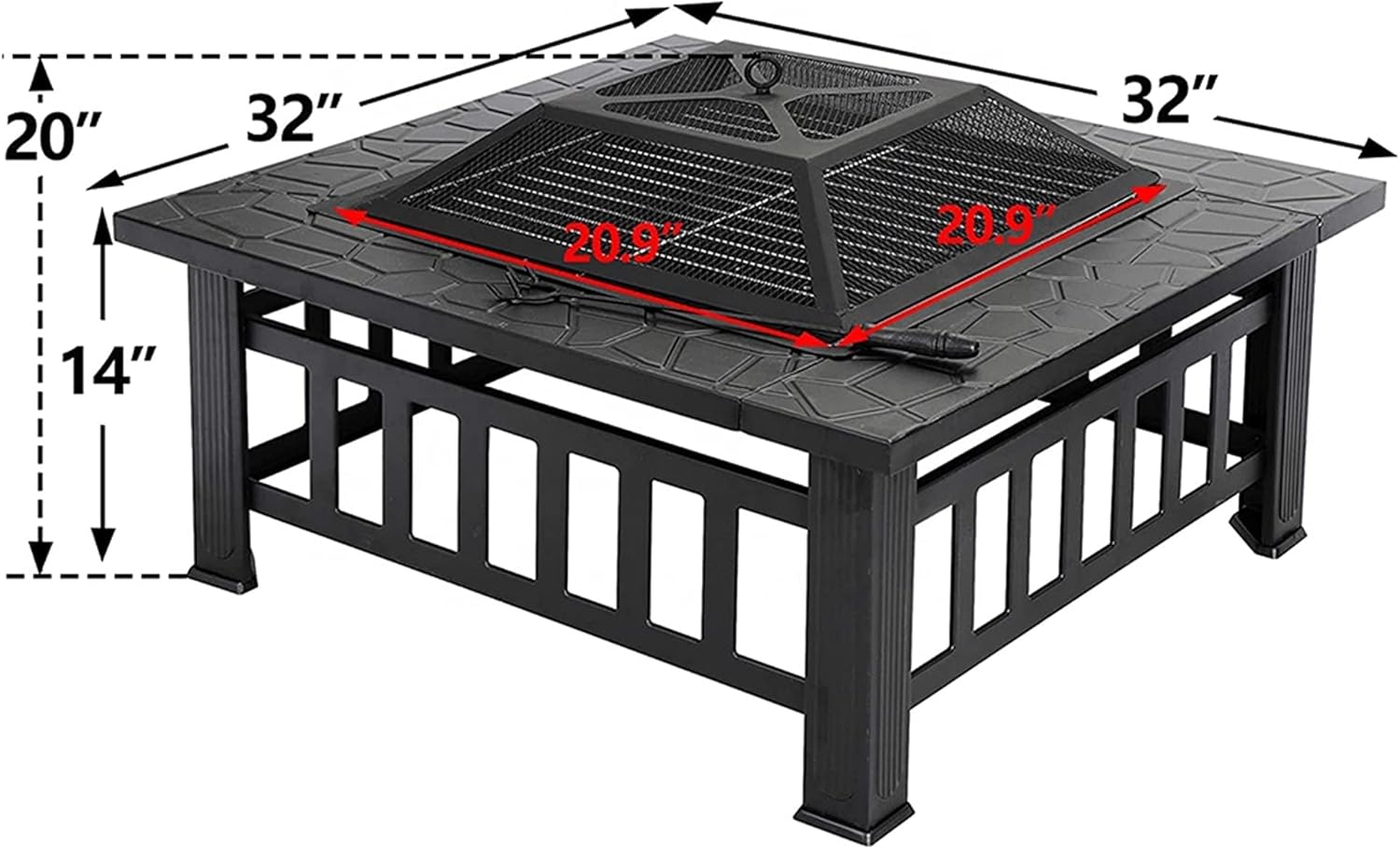 Outdoor Fire Pit Table, 3 in 1 Square Firepit for Barbecue, Patio Heater, Ice Pit, Metal Brazier Bonfire Firepit,Spark Cover Screen & Poker & BBQ Grill Grate