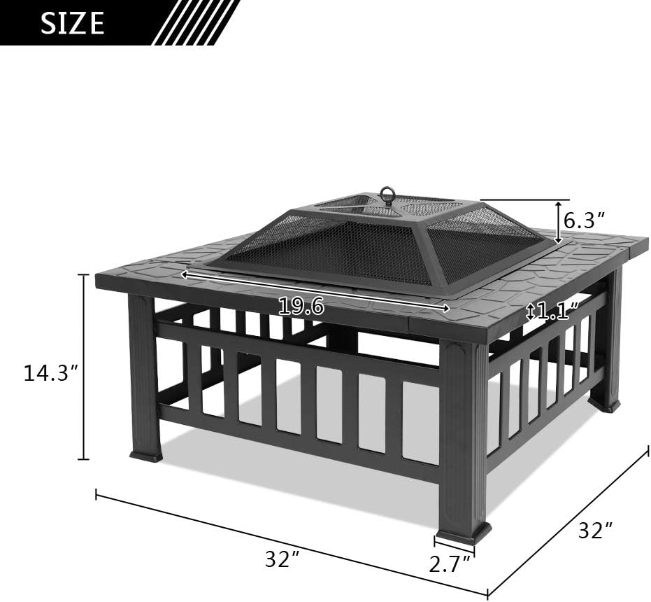 Outdoor Fire Pit Fireplace Portable Firepit Iron Brazier Wood Burning Coal Pit Fire Bowl Stove with Mesh Screen Lid Poker for Camping Patio Garden Backyard Beach Picnic (32