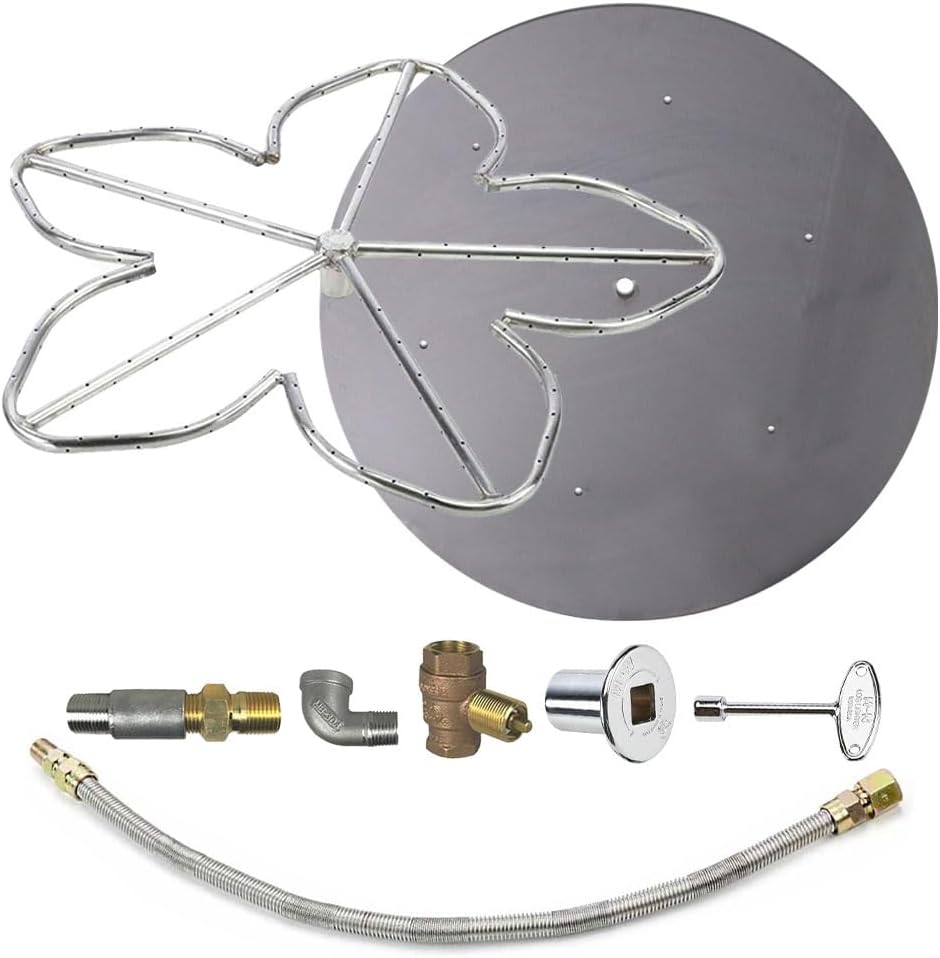 HPC Penta Match Lit Fire Pit Burner Kit with 48-Inch Stainless Steel Burner and 54-Inch Round Flat Pan, Propane, Polished Chrome, with Flange, Key, Valve, Flex Line and Fittings