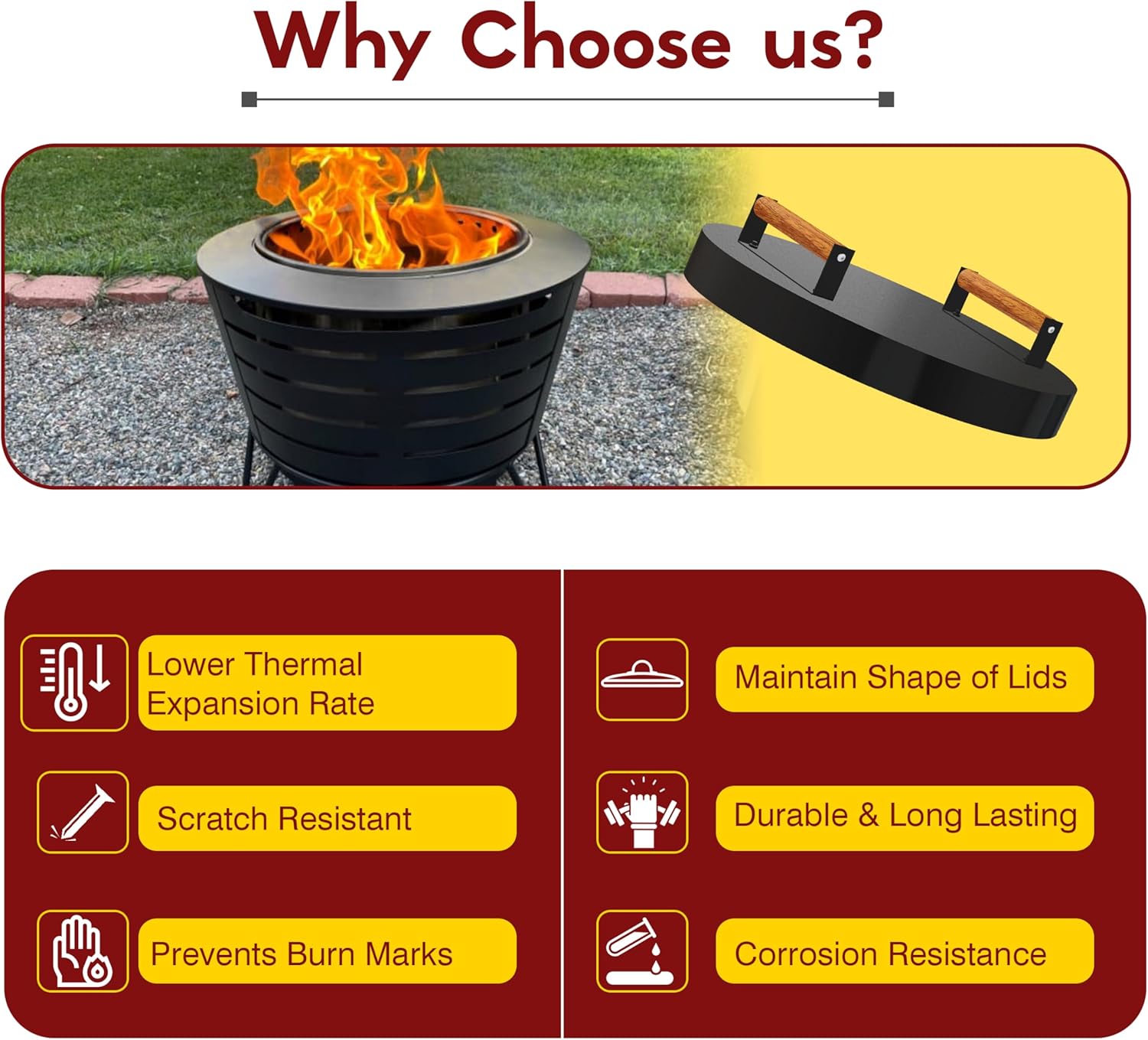 FEBTECH - Tabletop Fire Pit Lid 25.5 Inch - Compatible with Fire Pits Inside Up to 23 Inch - Carbon Steel Tabletop Firepit Shield with Dual Wooden Handles - Firepit Accessories for Bonfire