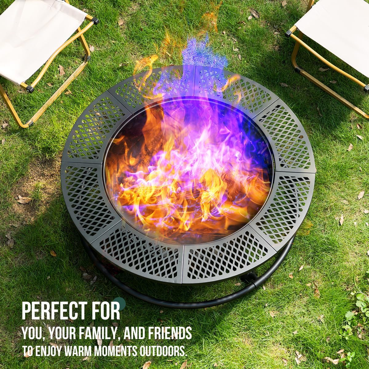 36 Inch Fire Pit with Grill,Wood Burning Fire Pits for Outside with Lid& Fire Poker,Round Metal Firepit Table 3 in 1 with Cooking Grate,Outdoor Firepits for Yard Patio Bonfire Camping(Black)