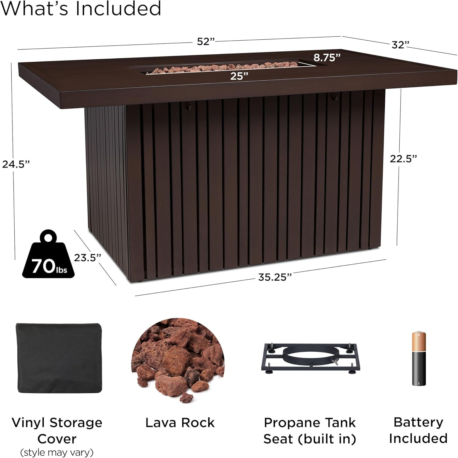 Real Flame Calvin 52in Rectangle Propane Fire Pit Table, 50,000 BTU, Hidden Tank Storage, Aluminum, Push-Button Ignition, CSA Certified, Lava Rock, Storage Cover, Stainless Steel Burner with Lid