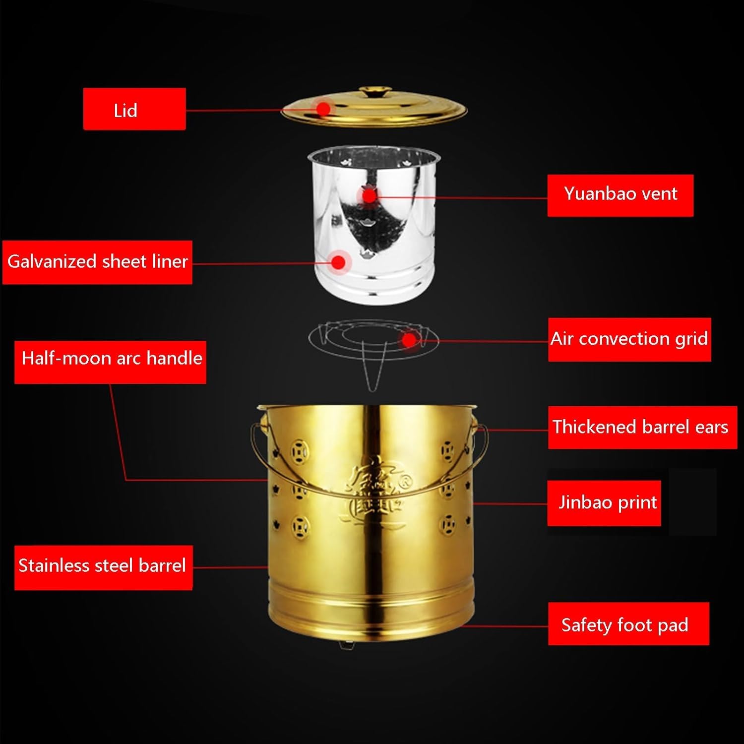 Stainless Steel Incinerator Cage with Lid, Stainless Steel Burn Barrel Incinerator, Burning Fire Bin, Burning Barrel, Including Grid Frame, Fire Hook, Liner (Red, Extra Large Plus)