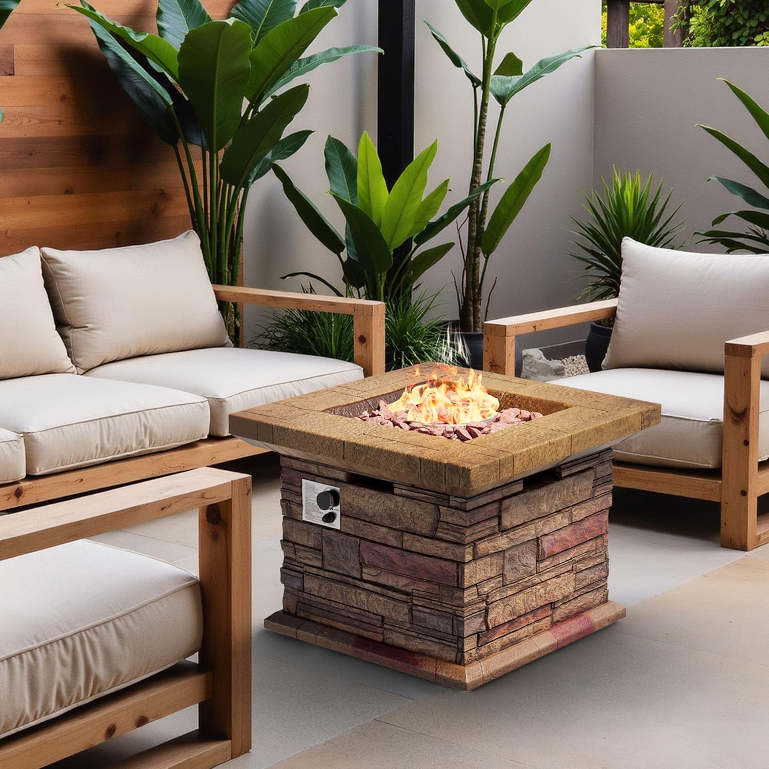 SUNBURY Outdoor Propane Fire Pit, Square Stonecrest Gas Firepit for Outside Patio, Concrete Propane Fire Table 50,000 BTU Gas Fire Pits w Lava Rocks, Waterproof Cover, CSA Certified