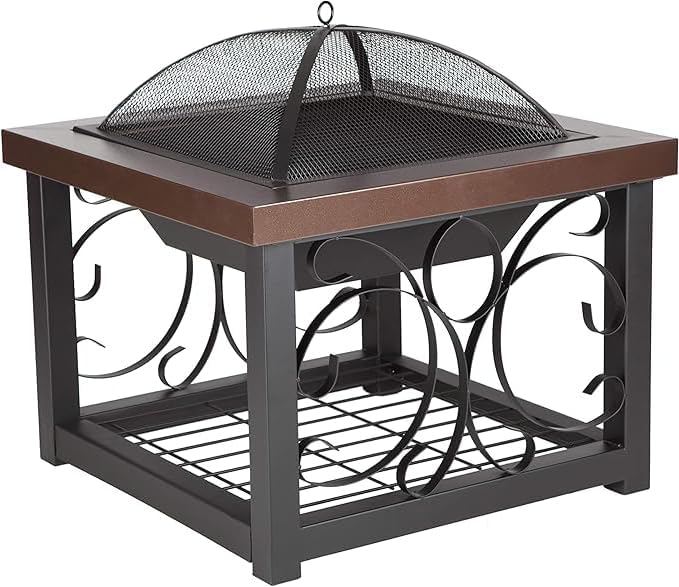 Fire Pit Cocktail Square Table Wood Burning Steel Mesh Spark Screen Wood Grate Screen Lift Steel Firepit with Log Storage Rack - Hammer Tone Bronze Finish