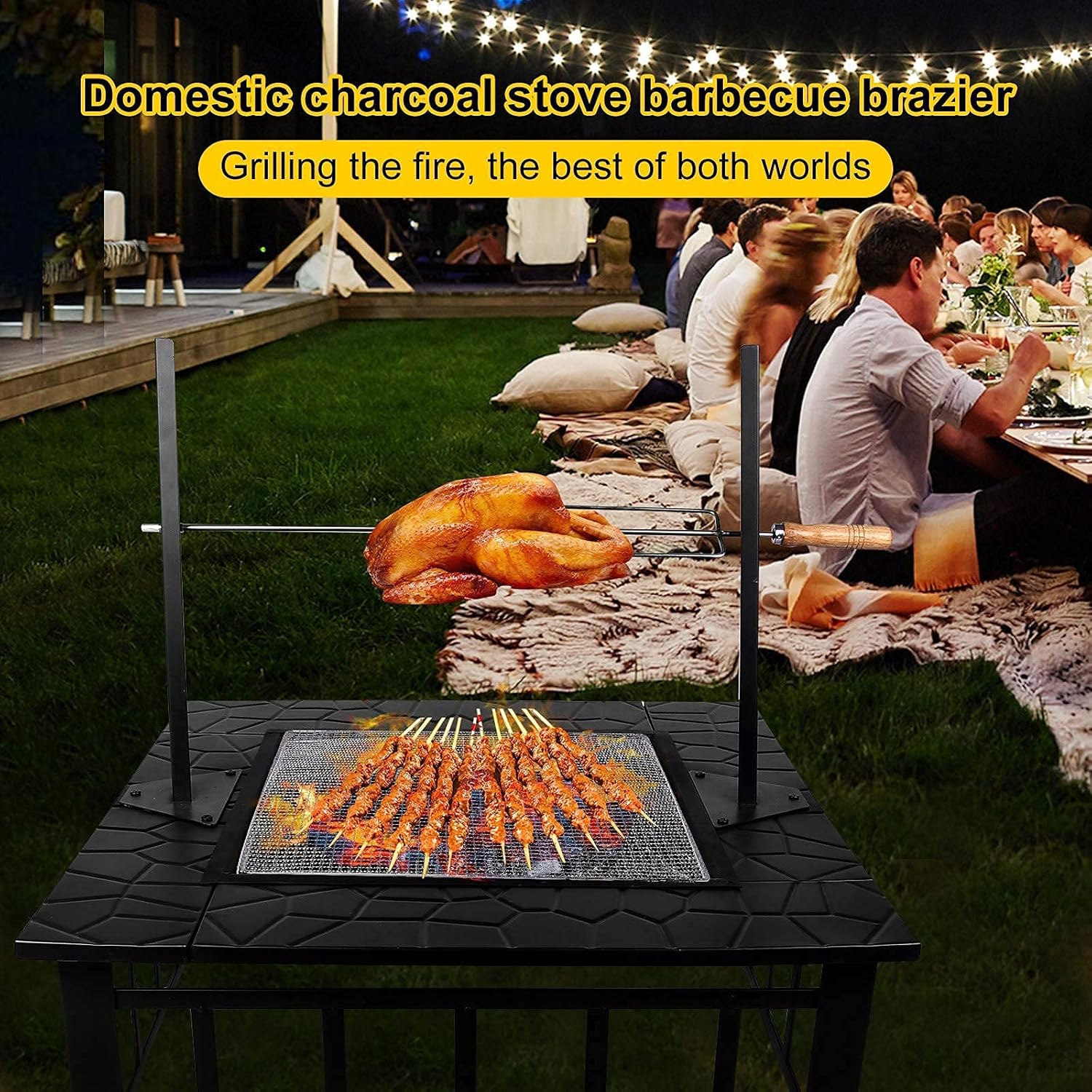 Outdoor Fire Pits with Uprights Rotisserie, Square Firebowls with Grill, 3 in 1 Party BBQ Fire Pit Table/Heaters for Patio Camping Bonfire, with Mesh Cover