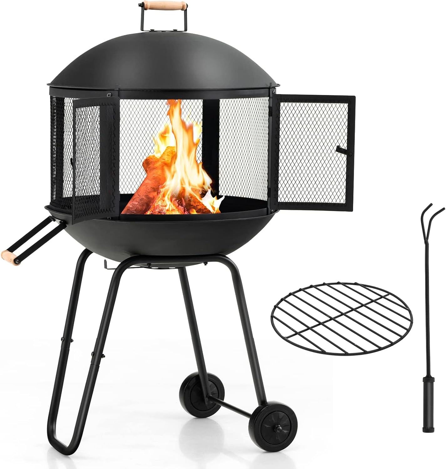 HAPPYGRILL 28” Outdoor Fire Pit, Rolling Patio Wood Burning Firepit with Lockable Doors, Fire Poker, Pine Wood Handle & Wheels, Heavy Duty Fire Pit for BBQ Entertaining Camping