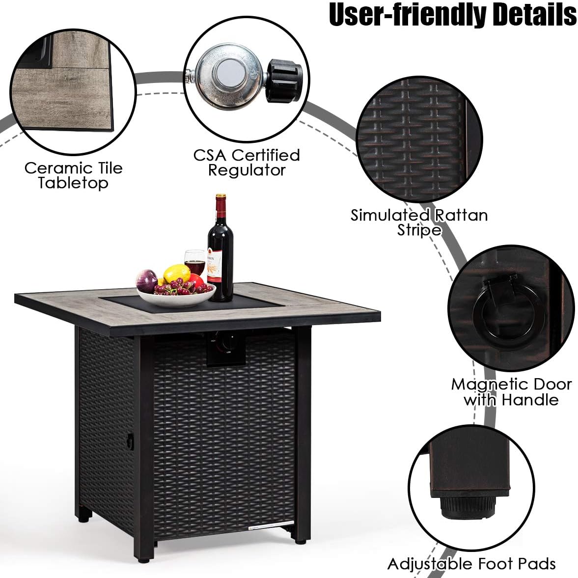 Giantex Propane Fire Pit Table, 30 inch 50,000 BTU Square Gas Firepits w/Ceramic Tabletop, Emboss Gas Heater w/Lava Rock, Waterproof Cover, ETL and CSA Certification for Outside(Black & Gray)