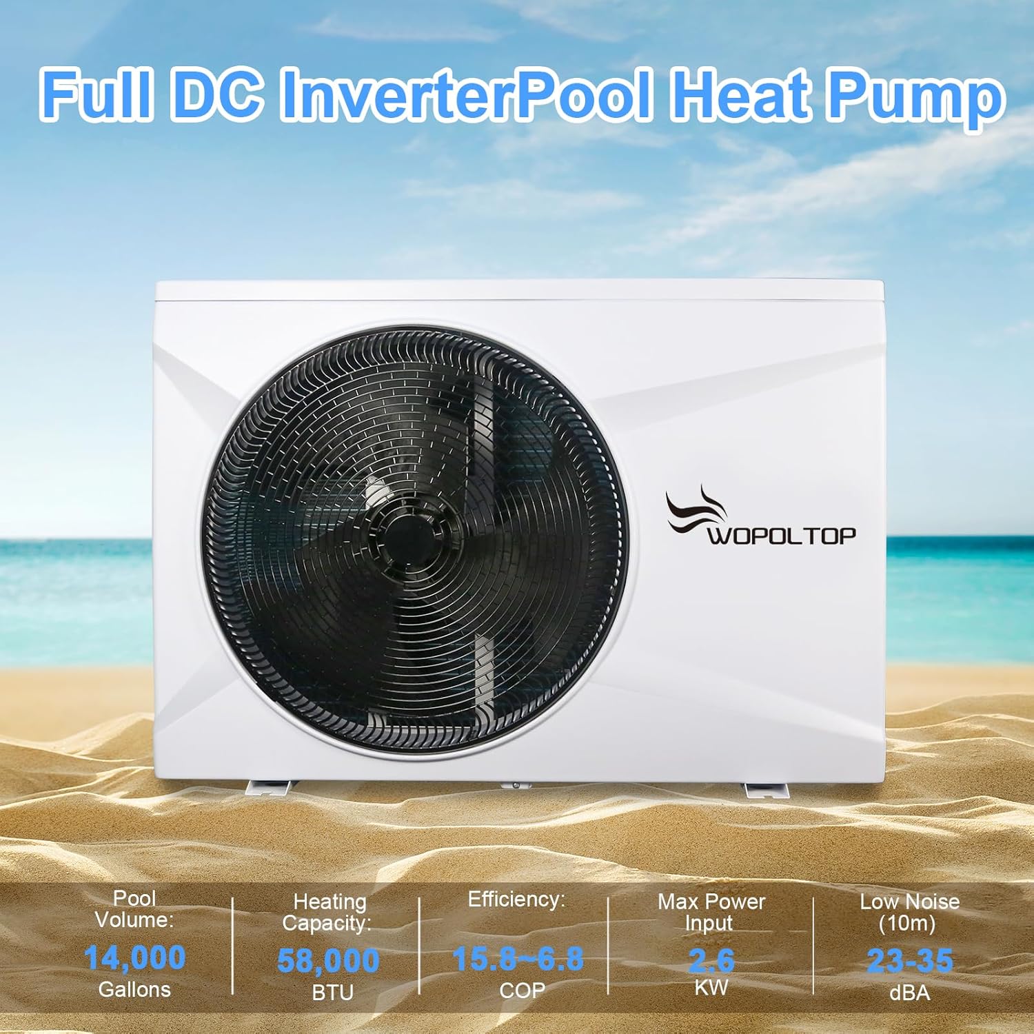 Full DC Inverter Pool Heat Pump 58,000 BTU for Swimming Pools, 17KW Electric Pool Heater with WiFi Smart Control via APP, Dual Function of Heating and Cooling, 220-240V, up to 14,000 Gallons