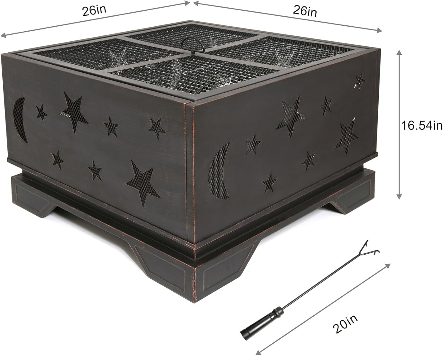 26 Inch Wood Fire Pits & Outdoor Fireplaces with Poker, Patio Fire Pit with Grill, Square Firepits for Outside, Backyard, Camping, BBQ,Steel, Heavy Duty