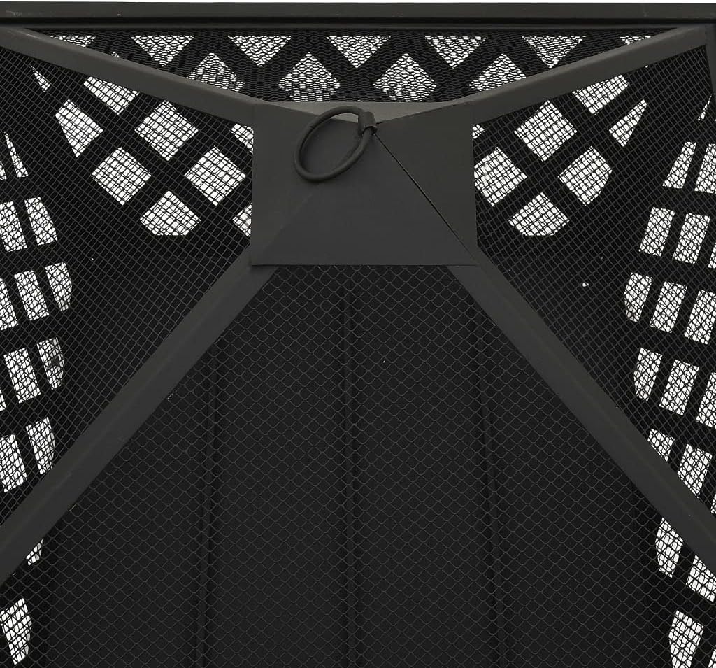 Steel Fire Pit with Metal Poker and Mesh Cover, Absorbing and Radiating Heat Outdoor Fire Pit Square Fireplace for Garden Patio 25.2