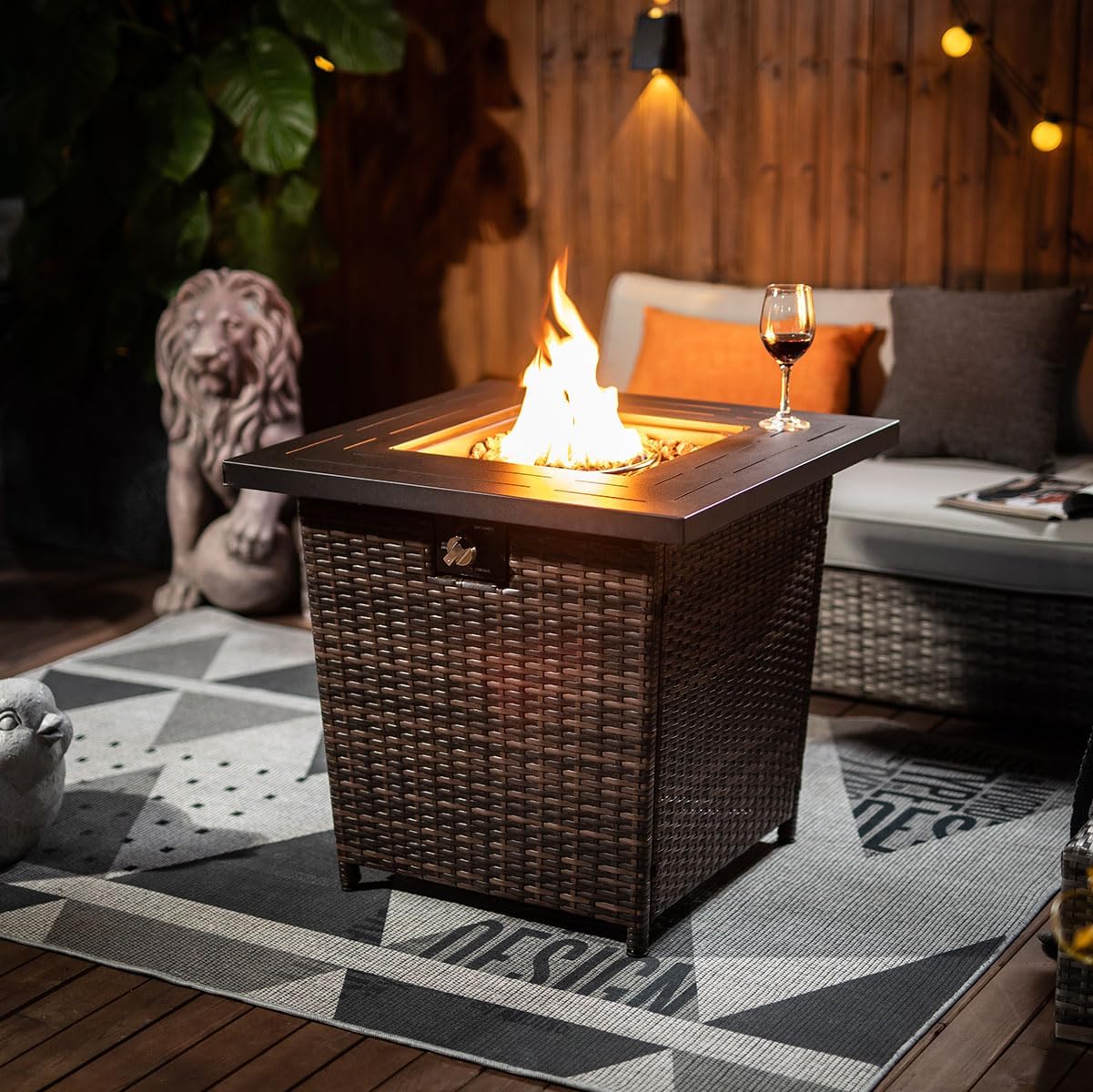 28'' Propane Fire Pit Table, 50,000 BTU Fire Table with Brown Wicker, Laval Rocks, Inclined Leg Design.