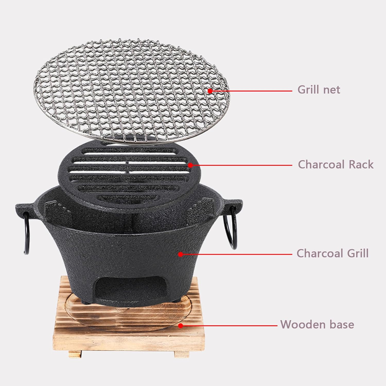 Cast Iron Fire Pit,Fireplace,One-Piece Moulding + Wooden Tray,with Double Ear Puller for barbecues,Outdoor Cooking Utensils and Patio Heating, 16 cm/20 cm/23 cm/25 cm/28 cm (Diameter 16CM)