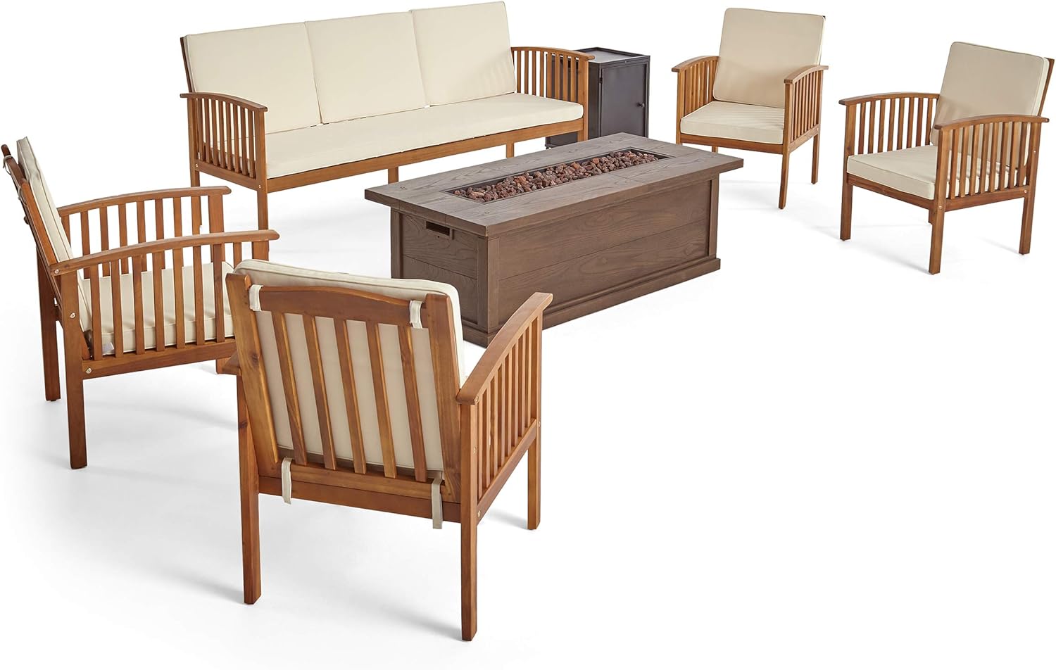 GDFStudio Outdoor 7 Piece Acacia Wood Chat Set with Fire Pit, Teak and Brown