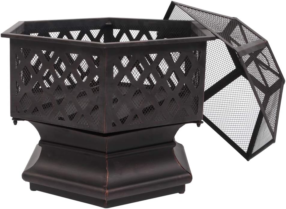 Knocbel Outdoor Hexagonal Iron Firepit, Wood Burning Stove Fire Pit with Spark Screen for Garden Deck Backyard Poolside, 26.4