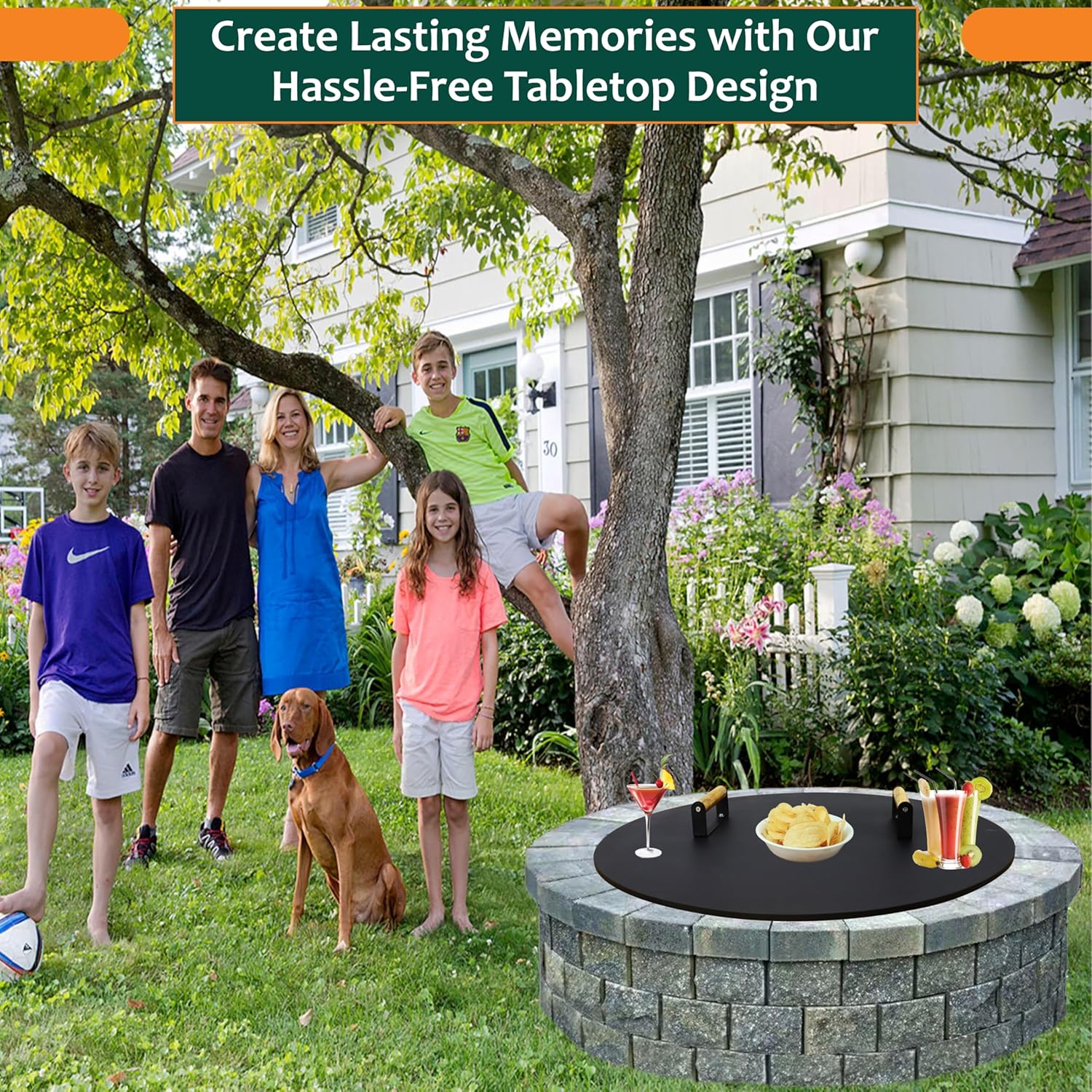 Round Fire Pit Lid - 28 inch fire pit cover Metal with Wooden Handles - Fits for Bonfire Pits or Propane Fire Pit Fire Tables, Weather Resistance Outdoor Firepit & Smokeless Fire Pit Cover as Tabletop