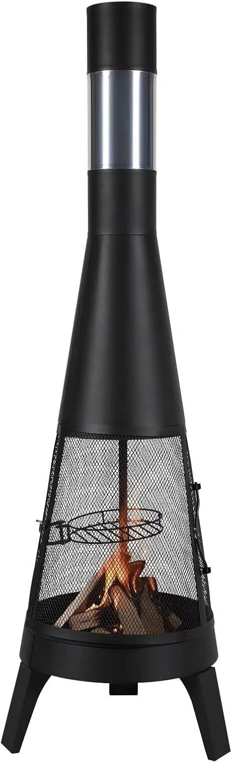 20 Inch Outdoor Wood Burning Firepit, Conical Fireplace for BBQ & Warming, Outside Wooden Fire Pit with Grill Mesh, Chimney Coat & Rustproof Chiminea Lid, for Patio, Garden, Backyard