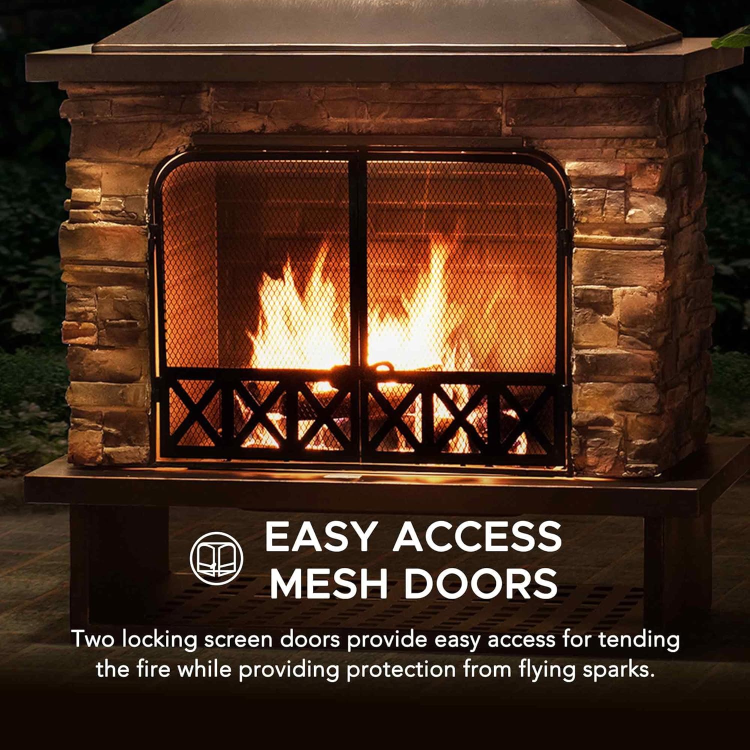 Sunjoy Outdoor Fireplace, Heavy Duty Patio Wood Burning Fireplace with Steel Chimney, Mesh Spark Screen Doors, Removable Grate and Fire Poker, Black