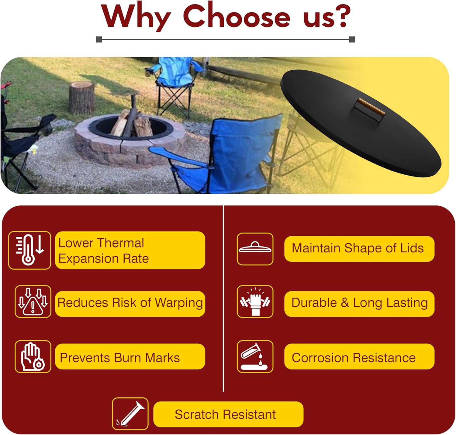 31” Round Fire Pit Lid – Powder Coated Fire Pit Cover Lid Round for Outdoor Fireplace -16 Gauge Steel Flat Fire Pit Burner Pan Cover with Wooden Handle Snuffer Lid for Round Patio FirePit Ring